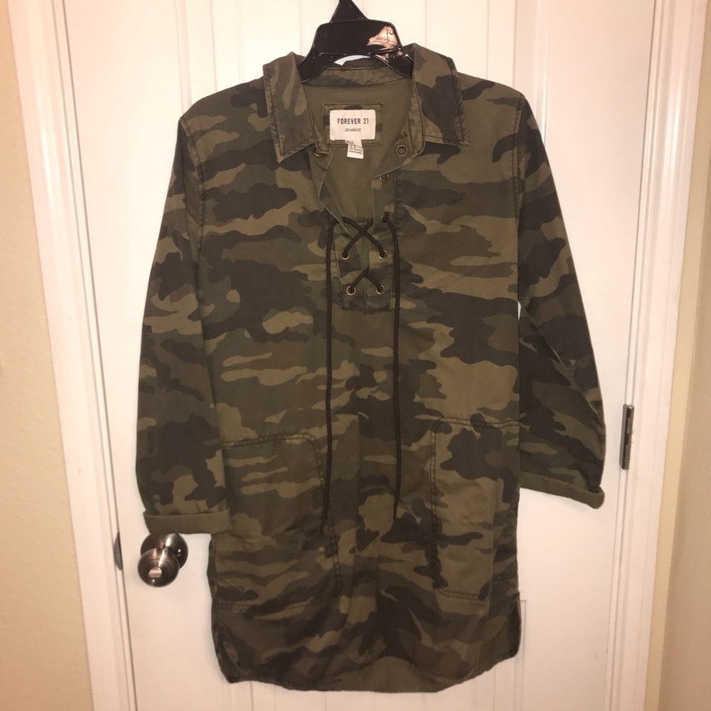 camo lace up shift dress